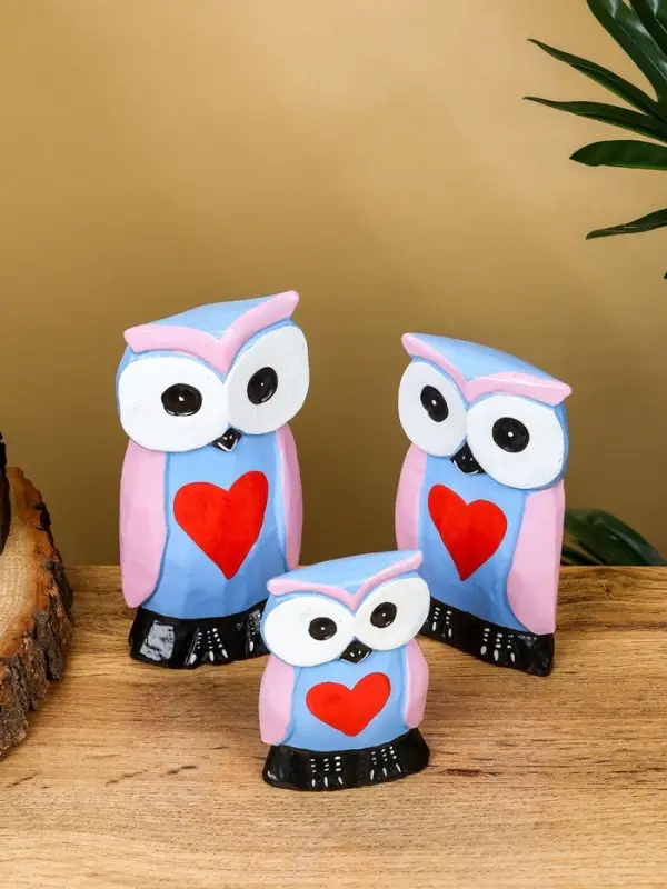 Набор сувенирный "Совята с сердечком" дерево H 15, 13, 11 см, цв. сиренево-голубой