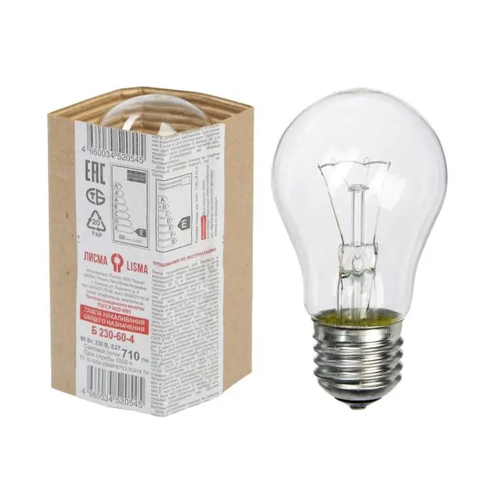 Лампа накаливания «Лисма», Б, Е27, 60 Вт, 230 В