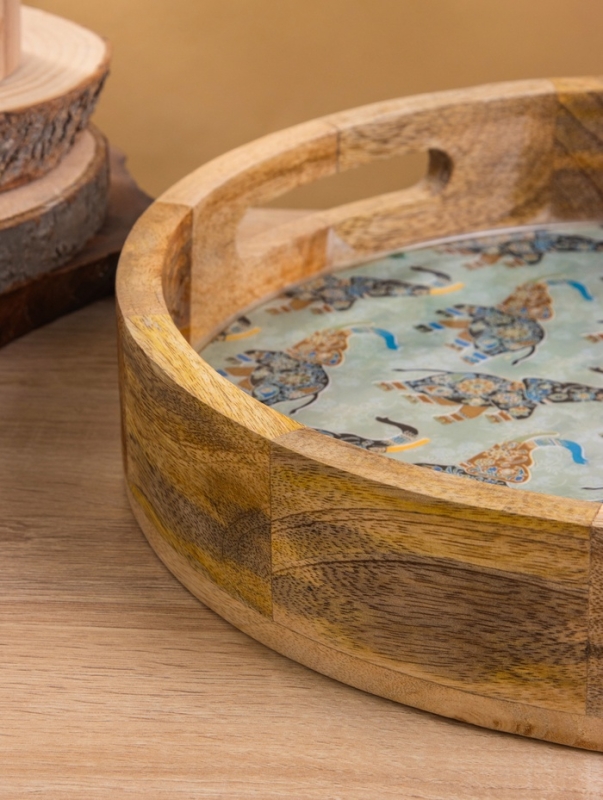 Поднос круглый с бортиками "Мудрый слон" дерево манго 35х35х6,5 см