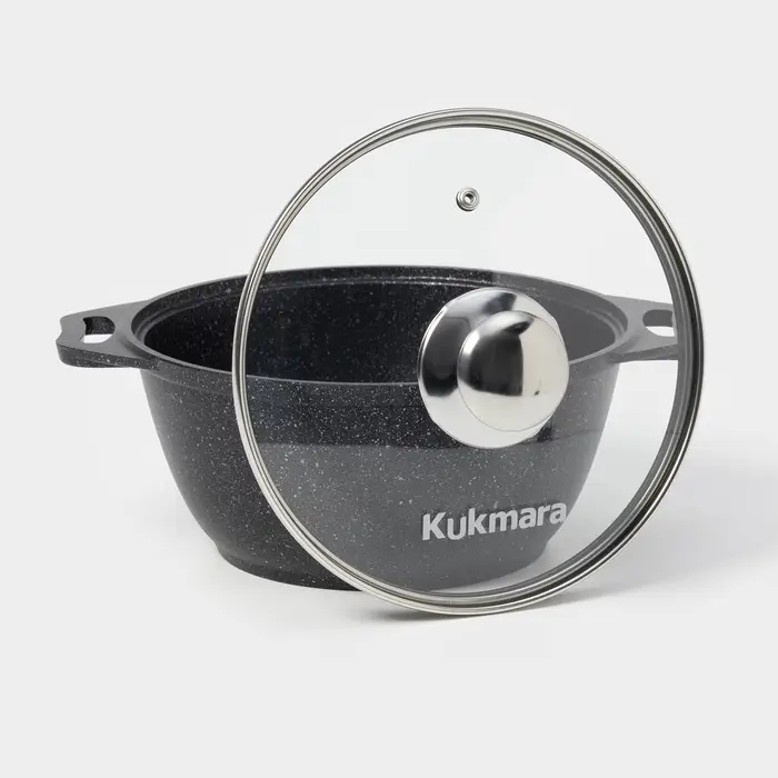 Кастрюля KUKMARA &laquo;Мраморная&raquo;, 2 л, d=22 см, h=15.5 см, стеклянная крышка, антипригарное покрытие, литой алюминий, серый