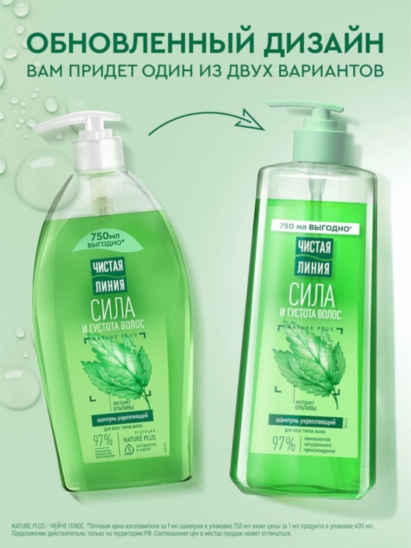 Шампунь для волос Чистая линия  Шампунь для волос Чистая линия "сила и густота" с экстрактом крапивы, 750 мл