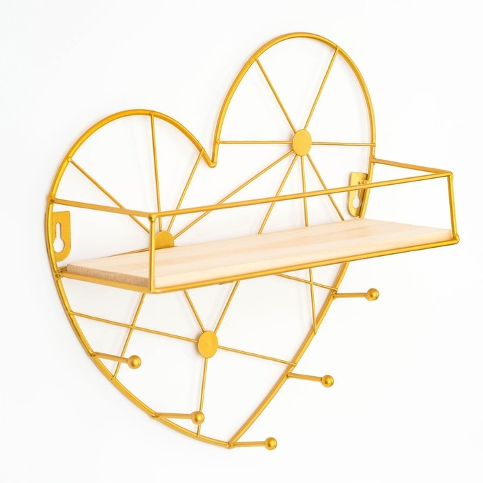 Вешалка настенная с полкой Вешалка настенная с полкой "Сердце", с подсветкой, 5 крючков, золото