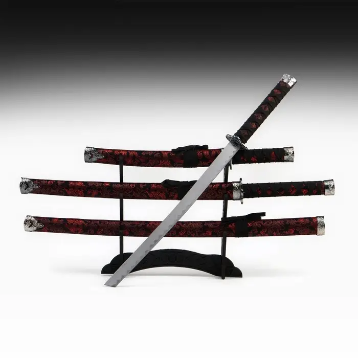 Макет оружия &laquo;Сувенирные катаны на подставке 3в1. Драконы красные на чёрном&raquo;, ножны ткань, 47 см; 70 см; 89 см