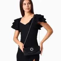 Сумка-клатч женская вечерняя на магните, на длинной цепочке, с декоративной пряжкой, блестящая, чёрная