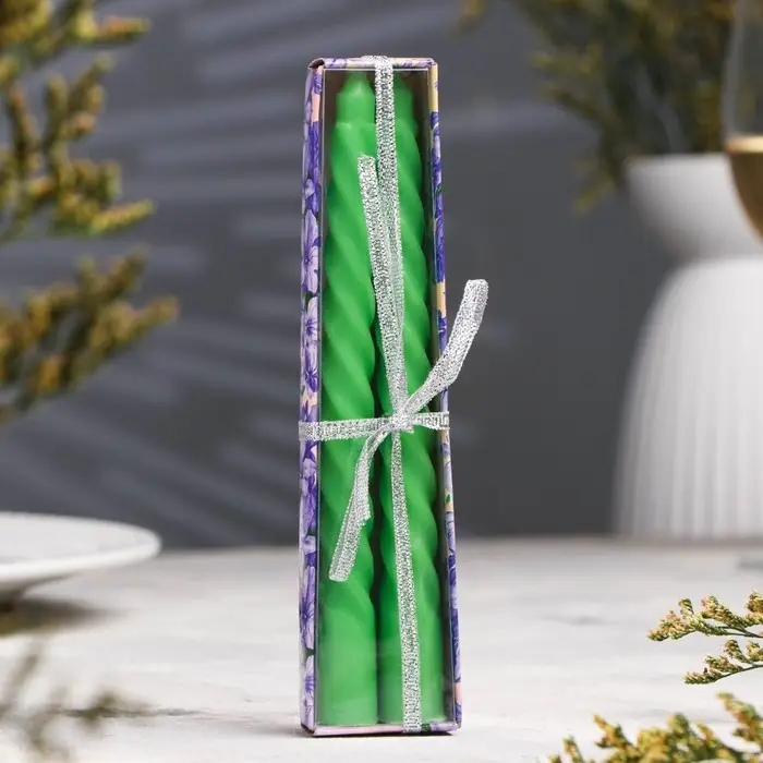 Набор свечей витых, 1,5х15 см, 2 штуки, зеленый Набор свечей витых, 1,5х15 см, 2 штуки, зеленый