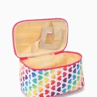 Косметичка - сундучок на молнии, на подкладке, с ручкой, зеркалом, с рисунком, молочная