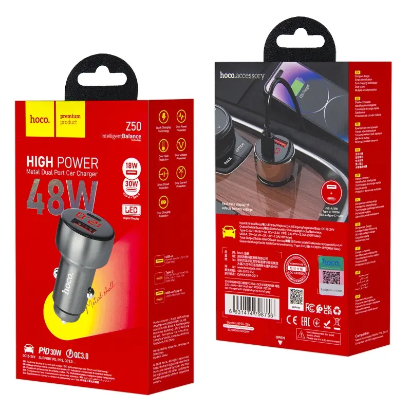 Переходник автомобильного зарядного устройства на Type-C PD30W + USB QC3.0  Z50 HOCO серый