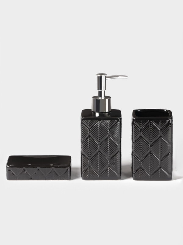 Набор для ванной «Лепесток», 3 предмета, дозатор для мыла, стакан, мыльница, чёрный Набор для ванной «Лепесток», 3 предмета, дозатор для мыла, стакан, мыльница, чёрный