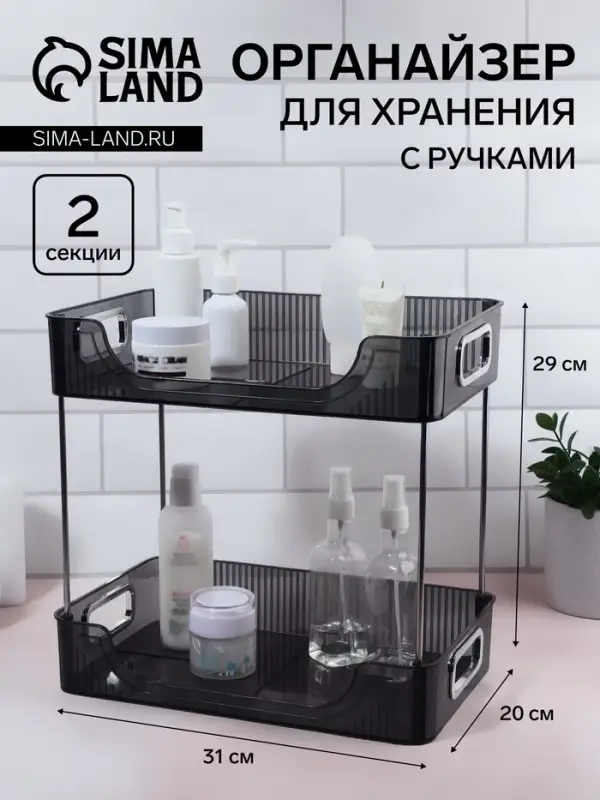 Органайзер для хранения, с ручками, 2 секции, 31&times;20&times;29 см, цвет чёрный, серебристый