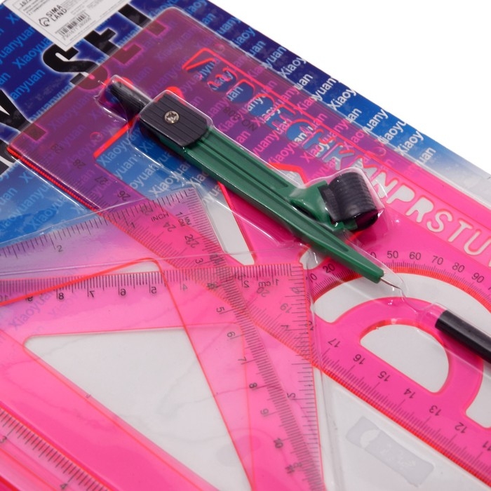 Набор геометрический, чертежный, блистер: линейка 30 см, 2 треугольника, транспортир, ластик, циркуль, линейка с трафаретами, тонированный, МИКС Набор геометрический, чертежный, блистер: линейка 30 см, 2 треугольника, транспортир, ластик, циркуль, линейка с трафаретами, тонированный, МИКС