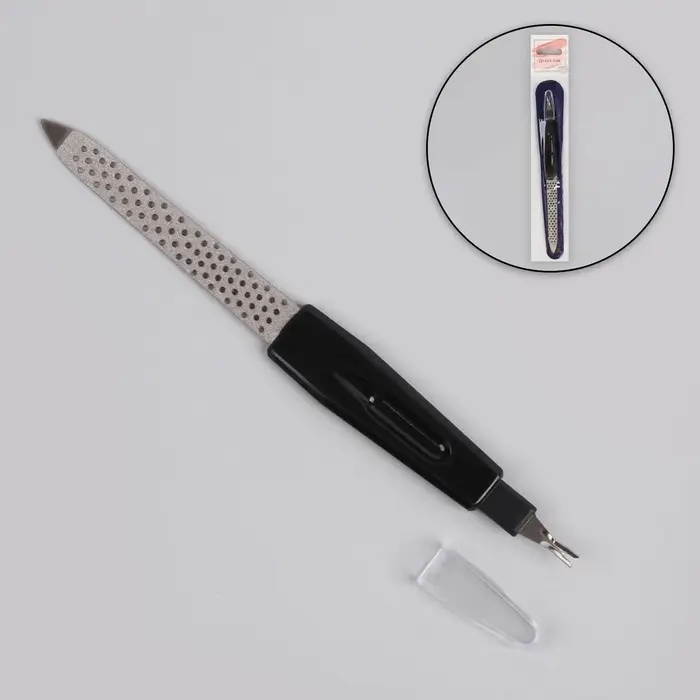 Пилка-триммер металлическая для ногтей, перфорированная, с защитным колпачком, 15 см, в чехле, чёрная