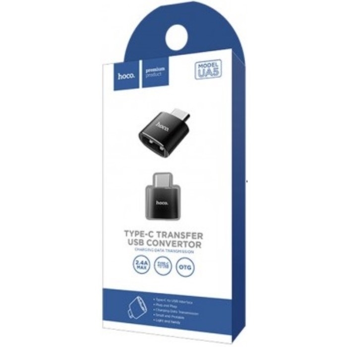 Адаптер Hoco UA5, Type-C - USB, поддержка OTG, металл, черный Адаптер Hoco UA5, Type-C - USB, поддержка OTG, металл, черный