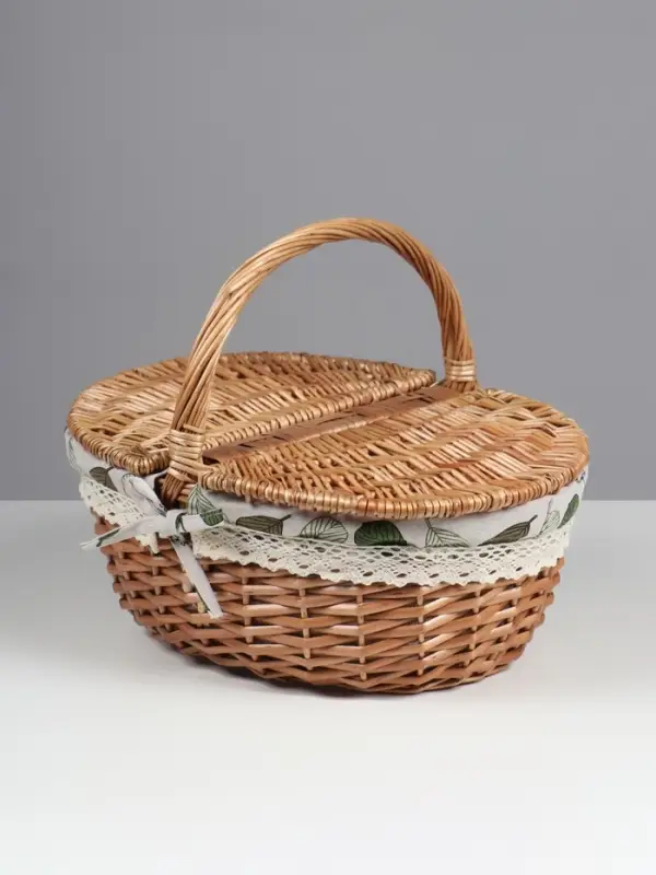 Плетёная корзина-лукошко, ткань внутри, 2 крышки, 35×28 см, высота 14.5 см, высота с ручкой 31 см, дно Плетёная корзина-лукошко, ткань внутри, 2 крышки, 35×28 см, высота 14.5 см, высота с ручкой 31 см, дно