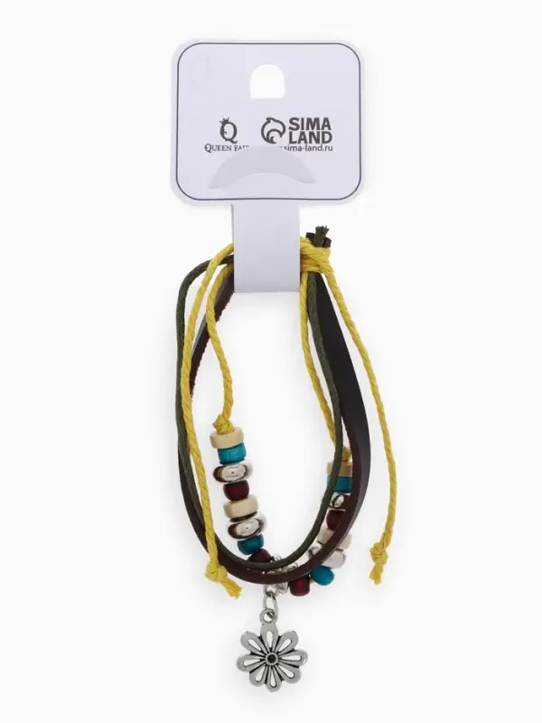 Браслет кожаный &laquo;Цветок с бусинами&raquo;, d=5 см, 3 нити, разноцветный