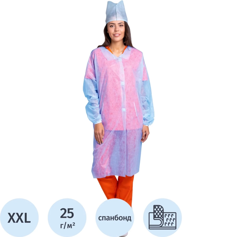 Халат н/с процед, рук.рез, на липч, XXL, дл.110см, пл 25, голуб, 10шт/уп