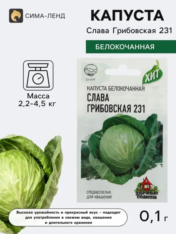Семена Капуста белокочанная &laquo;Слава Грибовская 231&raquo;, 0.1 г, среднеспелая, &laquo;Удачные семена&raquo;