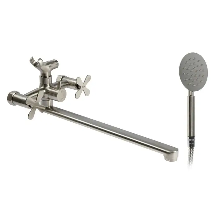 Смеситель для ванны ZEIN Z3731, двухвентильный, излив 33 см, лейка, шланг, сатин Смеситель для ванны ZEIN Z3731, двухвентильный, излив 33 см, лейка, шланг, сатин