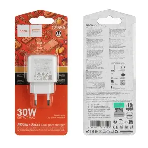 Переходник сетевого зарядного устройства на Type-C PD30W + USB QC3.0 CS55A HOCO белый