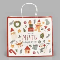 Пакет подарочный &laquo;Новогодние мечты&raquo;, белый крафт, 32&times;28&times;15 см