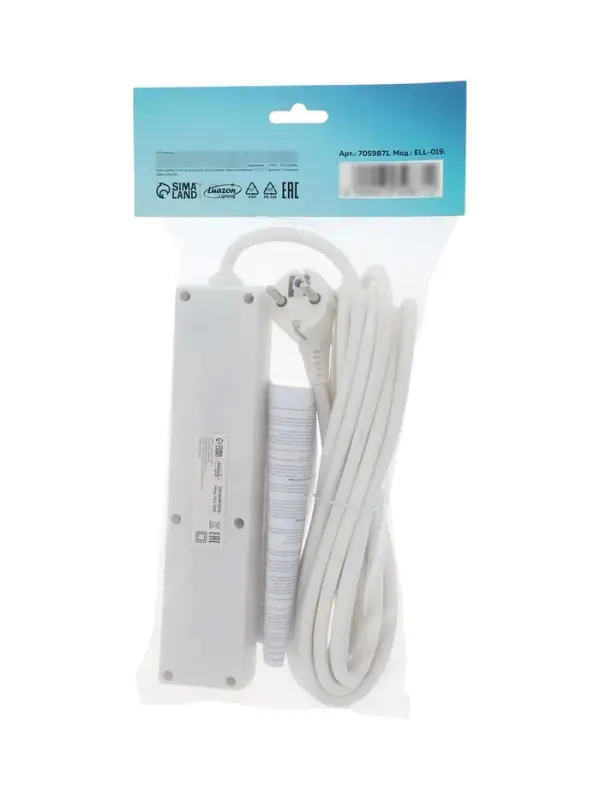 Удлинитель Luazon Lighting, 4 розетки, 5 м, 16 А, 3500 Вт, 3&times;1.5 мм2, с заземлением, с выключателем,