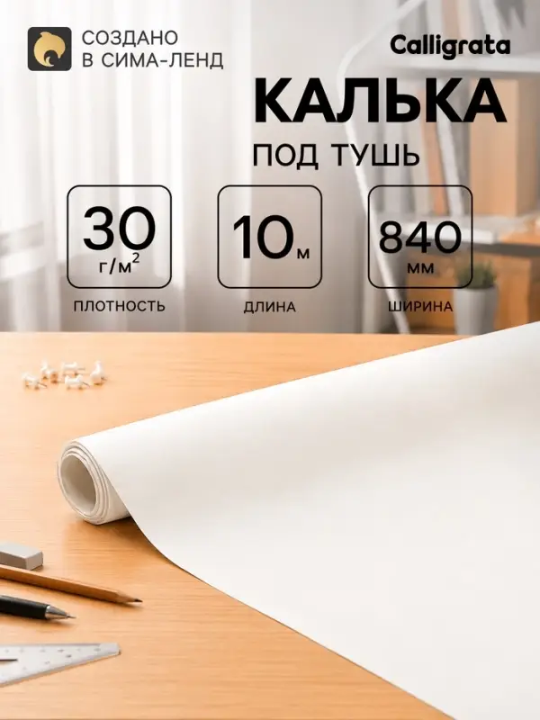 Калька под тушь 840 мм в рулоне 10 м, 30 г/м&sup2;