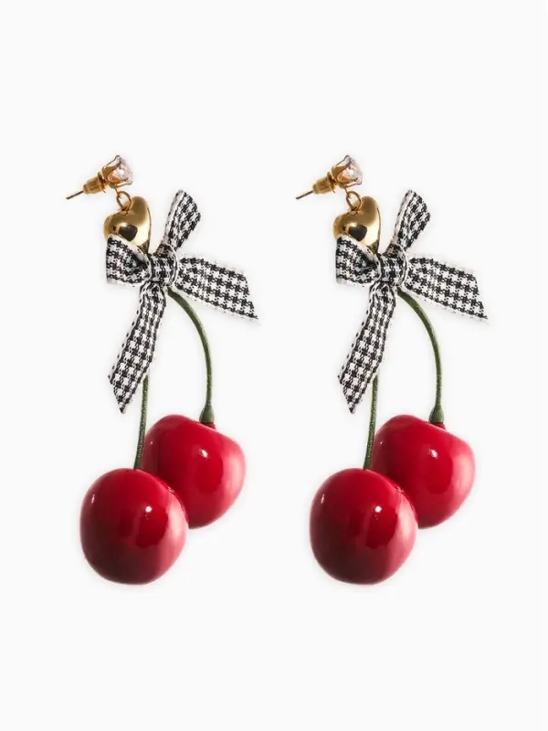 Серьги Серьги "Вишня с бантиками" текстиль, цветные в золоте