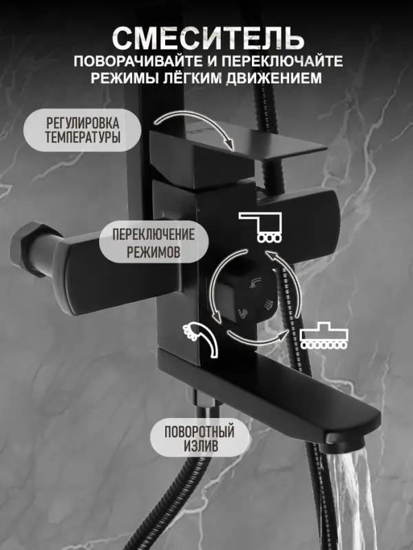 Душевая система ZEIN Z1006, смеситель, тропическая и ручная лейка, стойка, черный