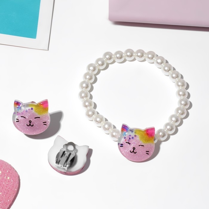 Набор детский «Выбражулька» 2 предмета: клипсы, браслет, котик, цветной Набор детский «Выбражулька» 2 предмета: клипсы, браслет, котик, цветной