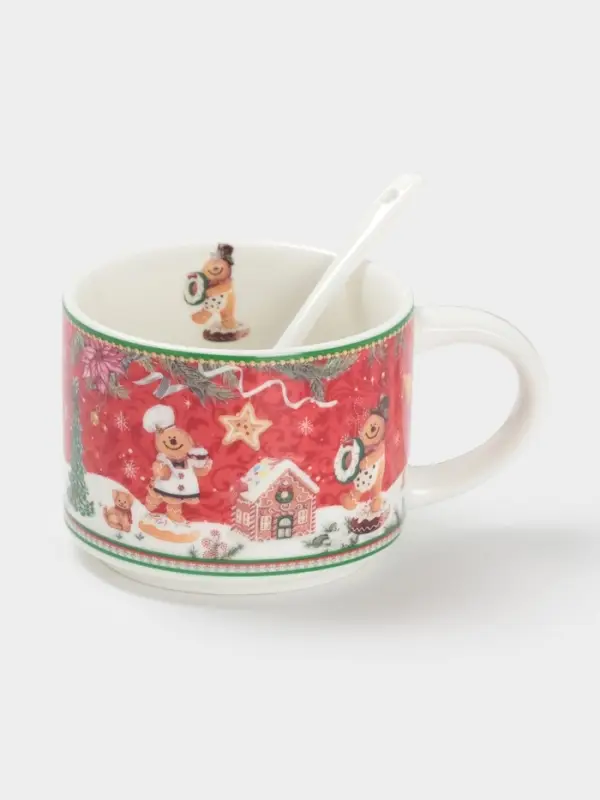 Кружка новогодняя «Пряничный домик», с ложкой, 280 мл, керамика, подарочная упаковка, красная Кружка новогодняя «Пряничный домик», с ложкой, 280 мл, керамика, подарочная упаковка, красная