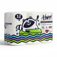 Туалетная бумага HAPPY, без ароматизаторов, 2 слоя, 12 рулонов