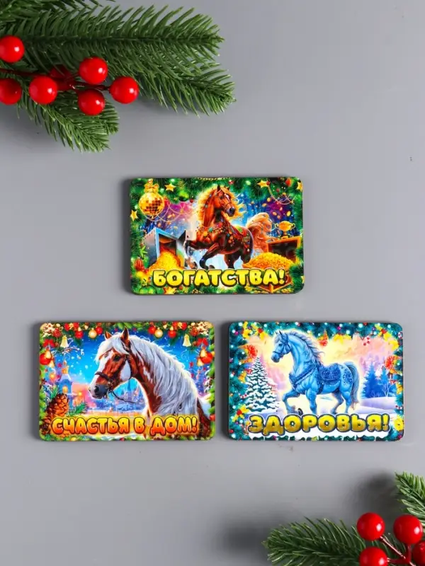 Набор новогодних магнитов 3 шт "Здоровья, счастья в дом, богатства" 9,5х6,5 см