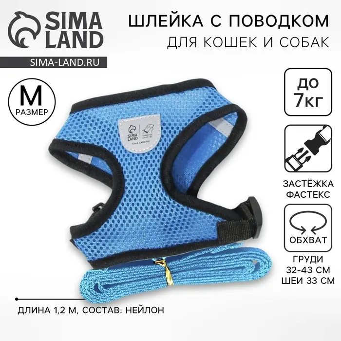Шлейка дышащая с поводком и светоотражающей нашивкой, M, ОШ 33, ОГ 32-43, синяя Шлейка дышащая с поводком и светоотражающей нашивкой, M, ОШ 33, ОГ 32-43, синяя