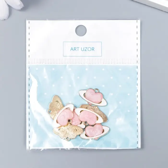 Металлический элемент, декоративная подвеска «Арт Узор. Сердечко в поясе Ориона», эмаль, розовый, 2×1.3 см