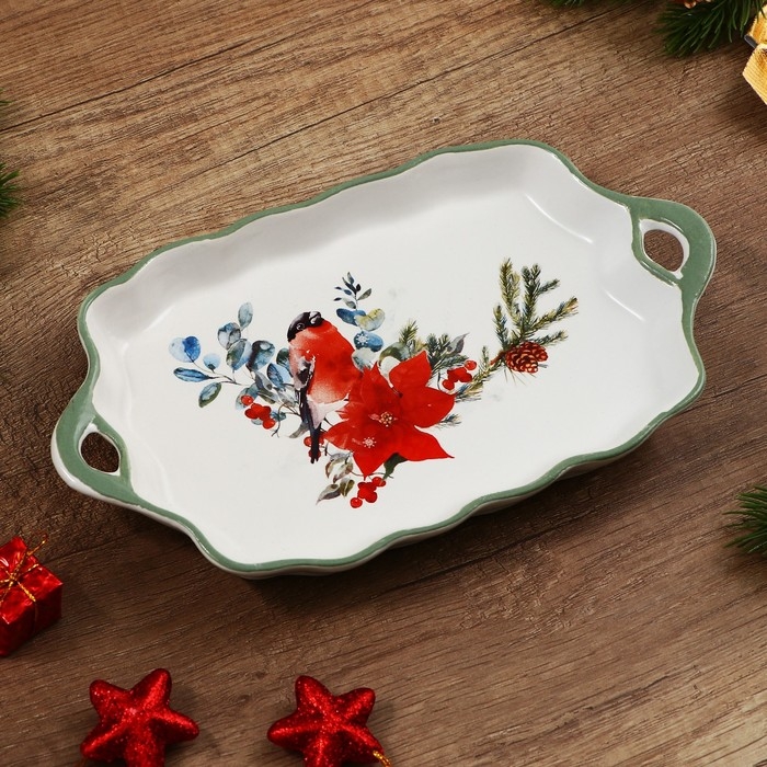 Новый год! Блюдо новогоднее керамическое «Снегирь», 23х13х2.5 см, цвет белый
