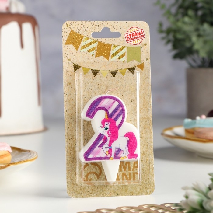 Свеча в торт  Свеча в торт "Единорог", цифра 2, фиолетовая, 6,5 см