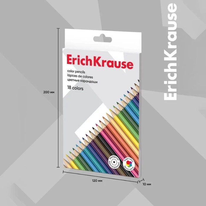 Карандаши 18 цветов ErichKrause шестигранные, деревяные, европодвес Карандаши 18 цветов ErichKrause шестигранные, деревяные, европодвес