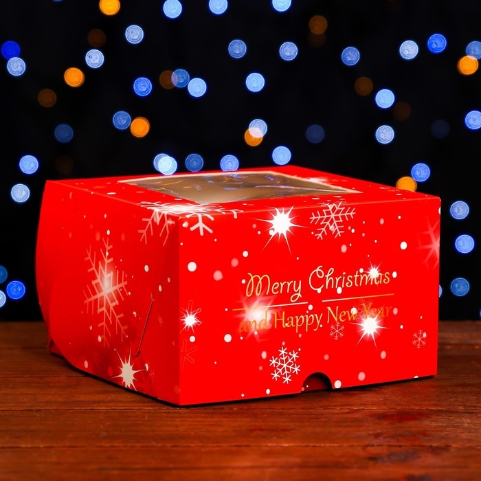 Коробка для 4 капкейка с окном  Коробка для 4 капкейка с окном "С Праздником!", 16 х 16 х 10 см, упаковка, Новый год