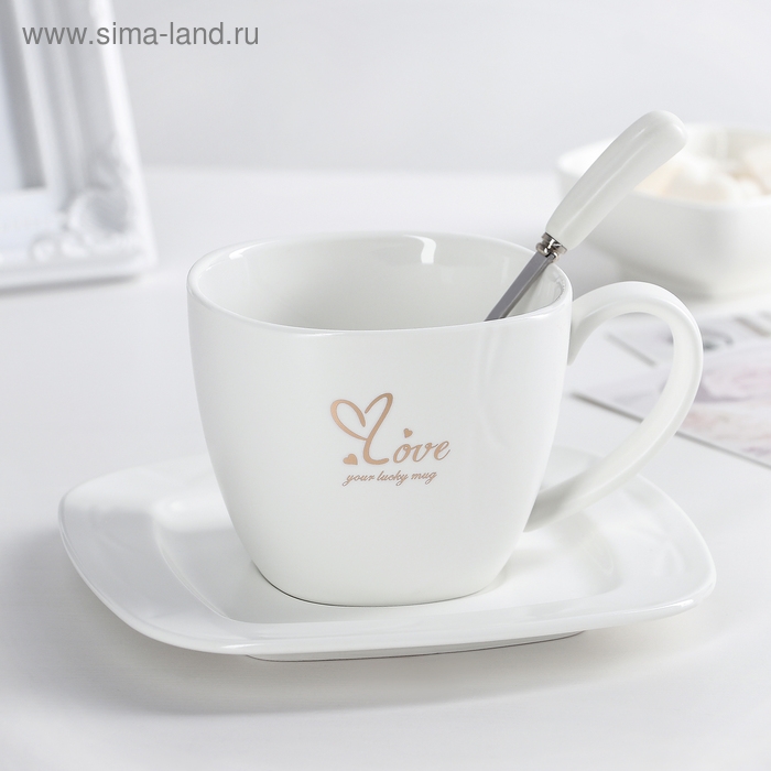 Чайная пара керамическая с ложкой Love, 2 предмета: чашка 380 мл, блюдце d=16 см, цвет МИКС Чайная пара керамическая с ложкой Love, 2 предмета: чашка 380 мл, блюдце d=16 см, цвет МИКС