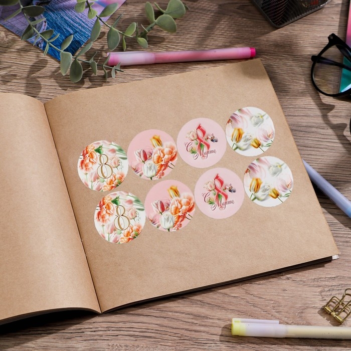 Наклейки для бизнеса и подарков и цветов, «С 8 марта», цветы, 40 шт, 4 х 4 см Наклейки для бизнеса и подарков и цветов, «С 8 марта», цветы, 40 шт, 4 х 4 см