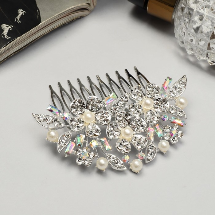 Гребень для волос  Гребень для волос "Сафьян" цветы, 7х8 см, серебро