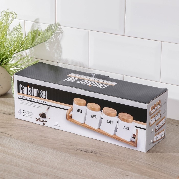 Банки для хранения сыпучих продуктов на деревянной подставке «Эстет», 4 предмета: 200 мл, 8,5×10 см, керамические, цвет белый Банки для хранения сыпучих продуктов на деревянной подставке «Эстет», 4 предмета: 200 мл, 8,5×10 см, керамические, цвет белый