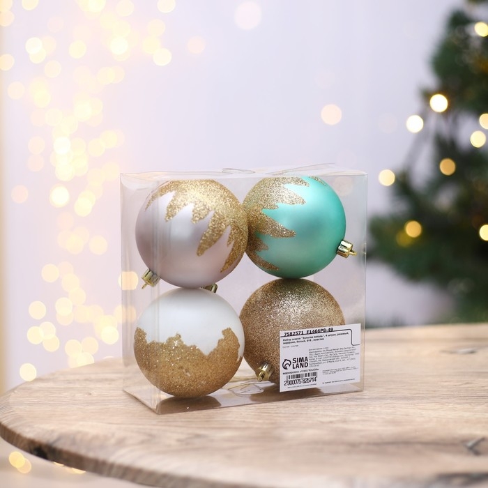 Шары ёлочные новогодние «Золотая поталь», на Новый год, пластик, d=8, 4 шт., цвет розовый, тиффани, белый Шары ёлочные новогодние «Золотая поталь», на Новый год, пластик, d=8, 4 шт., цвет розовый, тиффани, белый