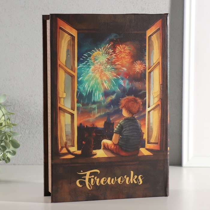 Шкатулка-книга дерево, кожзам, свет  Шкатулка-книга дерево, кожзам, свет "Малыш и кот наблюдают за салютом" 28х19х6 см