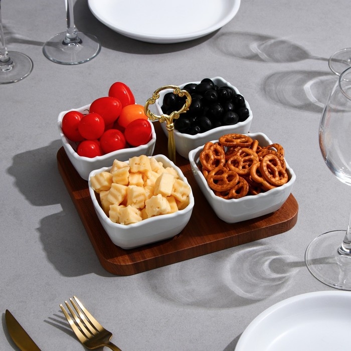 Менажница «Капель», 4 шт: 200 мл, деревянное основание, фарфор, Иран Менажница «Капель», 4 шт: 200 мл, деревянное основание, фарфор, Иран