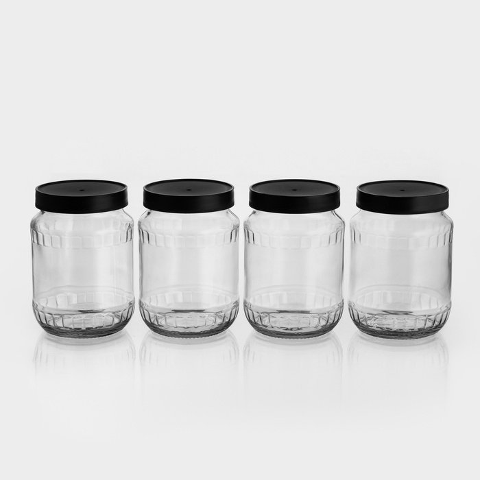 Набор стеклянных банок с чёрной полимерной крышкой, ТО-82 мм, 720 мл, 4 шт. Набор стеклянных банок с чёрной полимерной крышкой, ТО-82 мм, 720 мл, 4 шт.