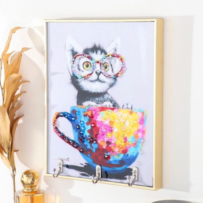 Ключница пластик, МДФ 3 крючка Ключница пластик, МДФ 3 крючка "Чашечка котэ" стразы, золото 18,5х1,8х23,5 см