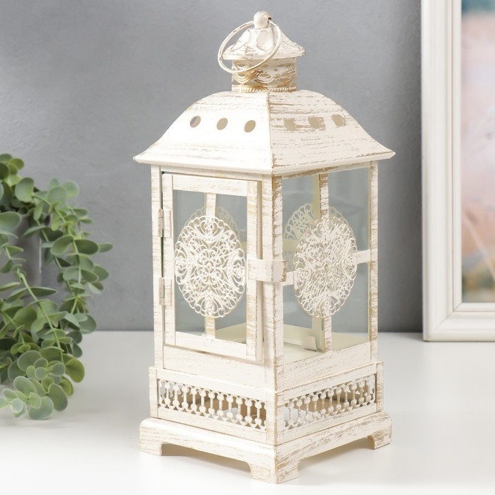 Подсвечник металл, стекло Подсвечник металл, стекло "Фонарь - круглый цветок" белый с патиной 12,5х12,5х30см