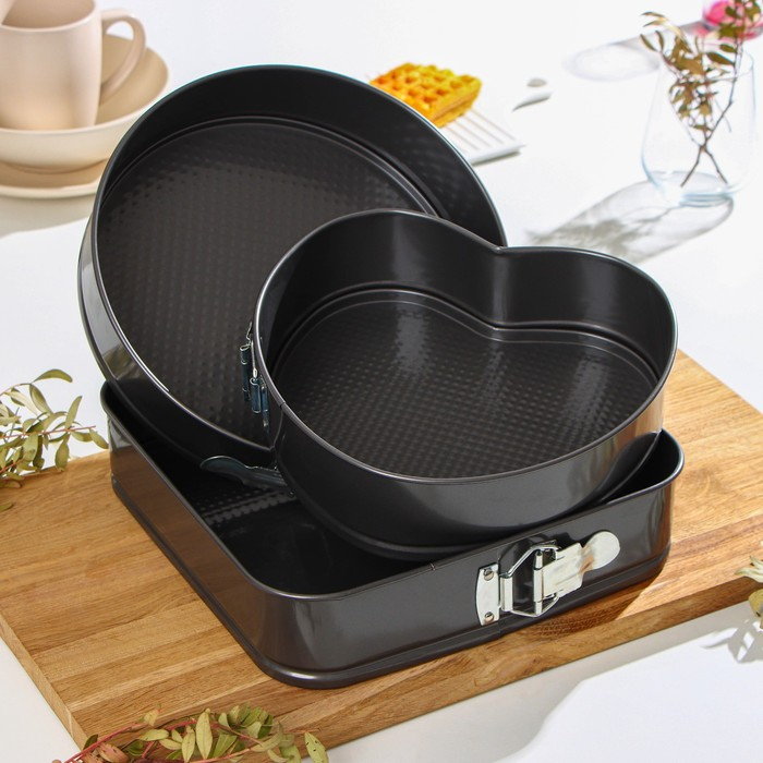 Набор форм для выпечки Доляна &laquo;Элин&raquo;, 3 предмета: d=25/21/26 см, съёмное дно, антипригарное покрытие, цвет чёрный