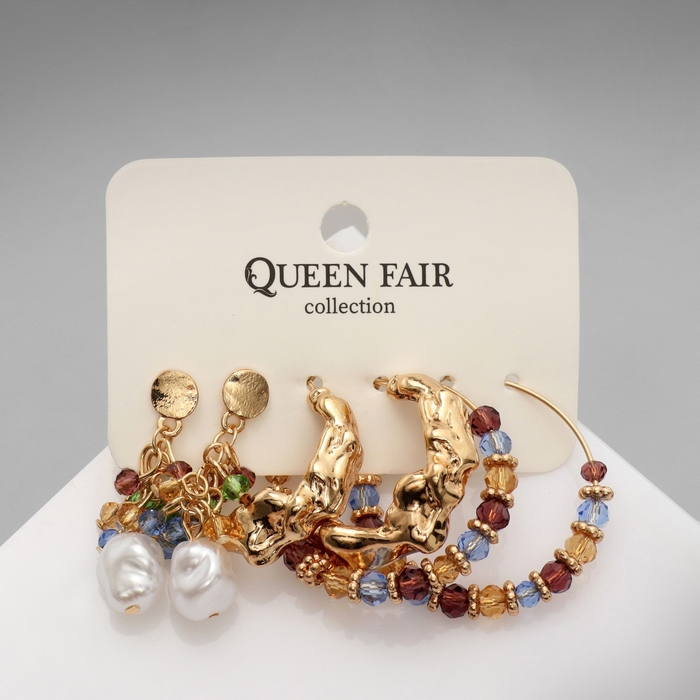 Набор 3 пары серёг «Этника» кольца, цвет бело-голубой в золоте Набор 3 пары серёг «Этника» кольца, цвет бело-голубой в золоте