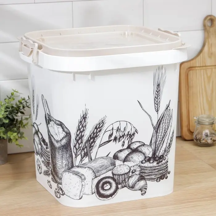 Ёмкость для муки и сахара Альтернатива, 25 л, с декором, пластик, белая, крышка МИКС